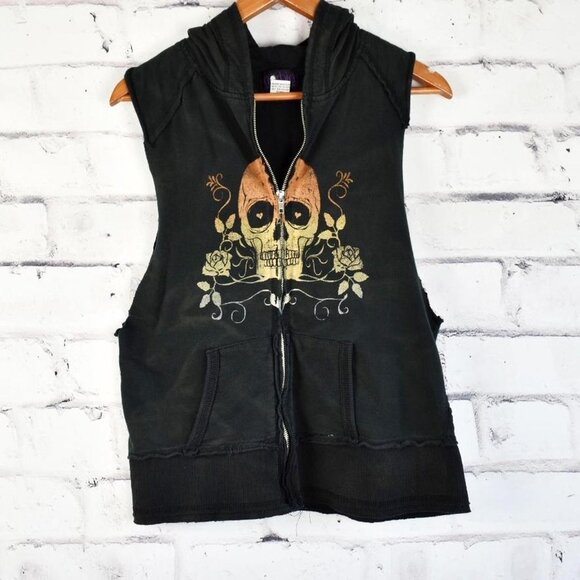 Vintage Y2k Morbid Threads Goth Grunge Skull Hoodie Vest L - Picture 1 of 7